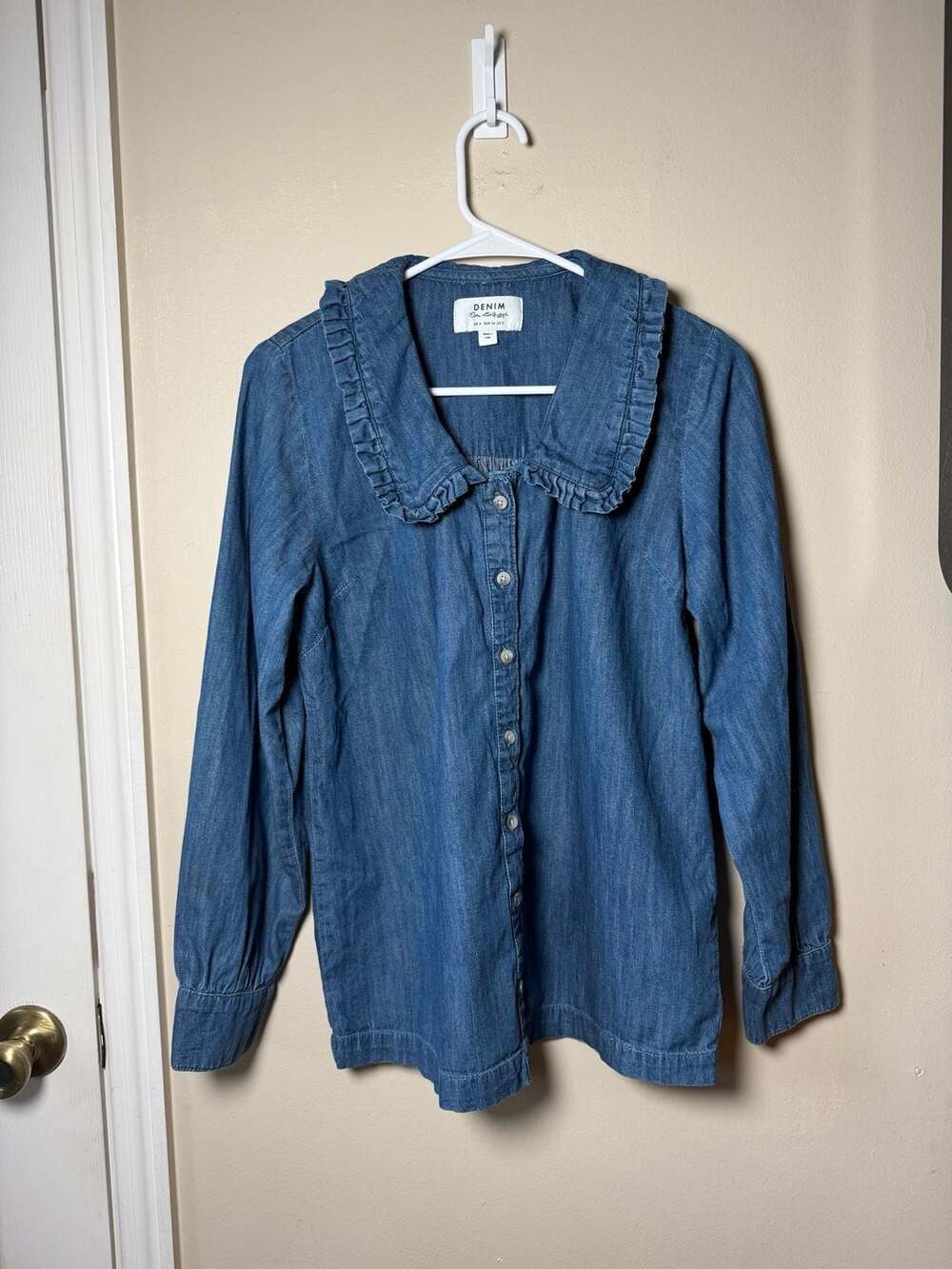 Peter Pan Miss Selfridge Denim Ruffle Collar Shirt US 2